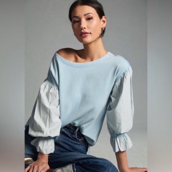 Pilcro Anthropologie Pilcro Carolina Blue Mixed Media Pullover Top L - Picture 1 of 5